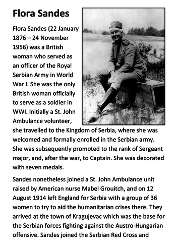 Flora Sandes World War One Female Soldier Handout