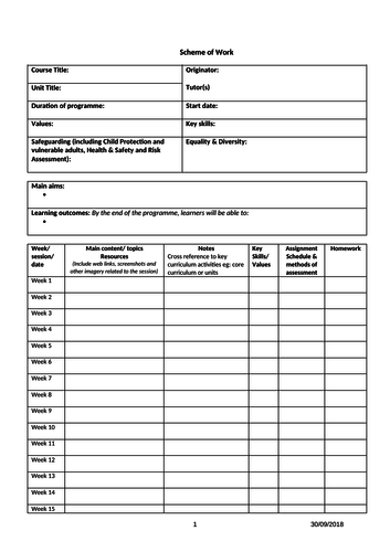 Blank Scheme Of Work Template