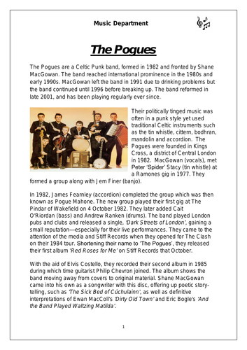 Ks3 Celtic Music Cover Resource - The Pogues