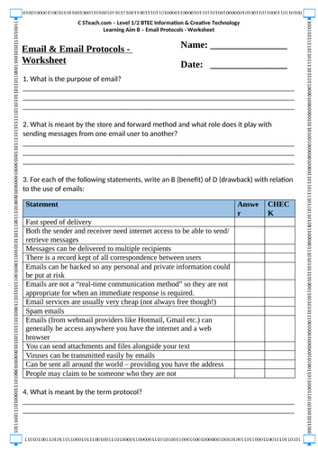 Level 2 BTEC I&CT - U1LAB - Email Protocols - Worksheet