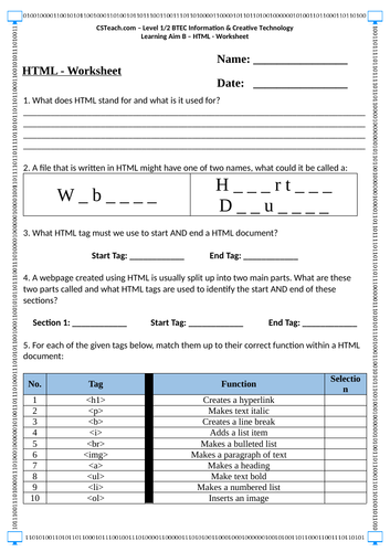 Level 2 BTEC I&CT - U1LAB - HTML - Worksheet