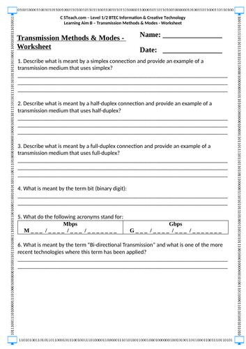Level 2 BTEC I&CT - U1LAB - Transmission Modes & Methods - Worksheet