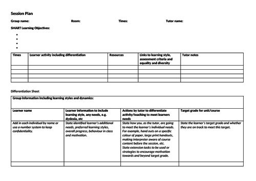 Lesson plan / differentiation sheet template