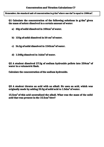 A worksheet of concentration and titration calculations for GCSE students
