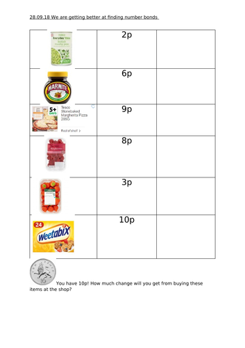 Number bonds using money