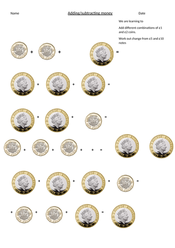 Adding and subtracting pound coin sheets - SEN