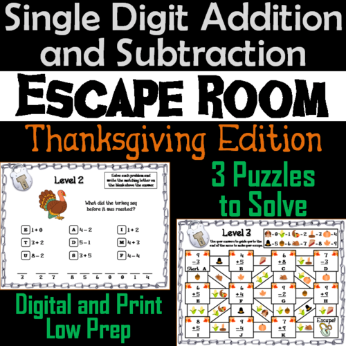 Single Digit Addition and Subtraction Game: Thanksgiving Escape Room Math