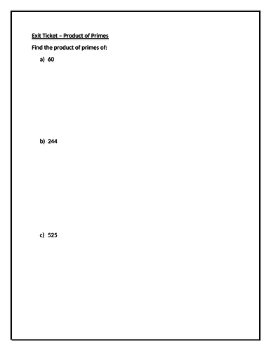 Exit Ticket - Product of Primes