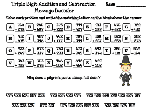 Triple Digit Addition and Subtraction Thanksgiving Math Activity