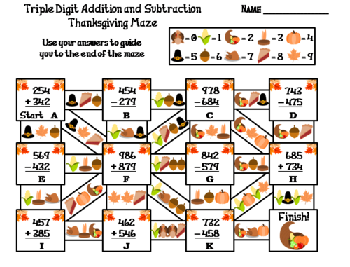 Triple Digit Addition and Subtraction Thanksgiving Math Maze