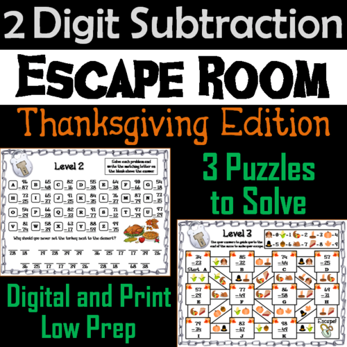 Double Digit Subtraction With and Without Regrouping: Thanksgiving Escape Room