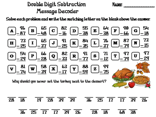 Double Digit Subtraction Thanksgiving Math Activity