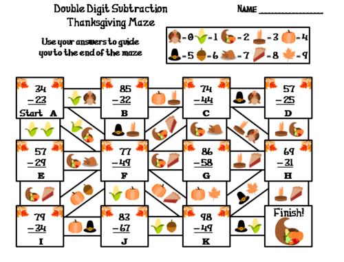 Double Digit Subtraction Thanksgiving Math Maze