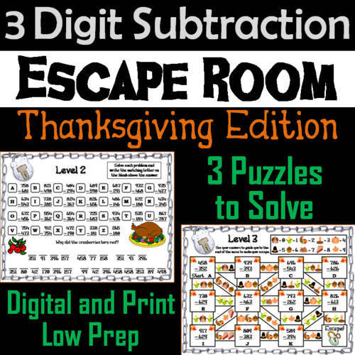 Triple Digit Subtraction With and Without Regrouping: Thanksgiving Escape Room