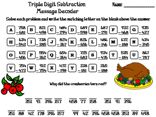 Triple Digit Subtraction Thanksgiving Math Activity