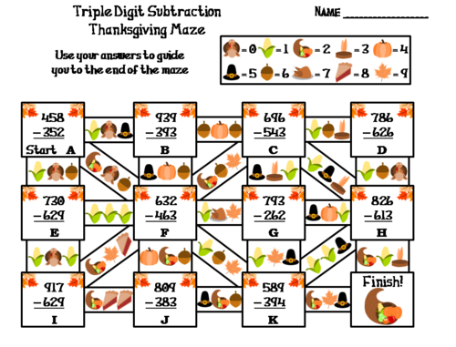 Triple Digit Subtraction With and Without Regrouping: Thanksgiving Math Maze
