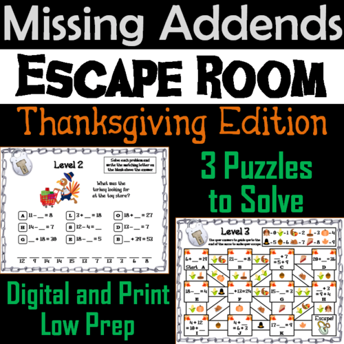 Missing Addends Addition and Subtraction Activity: Thanksgiving Escape Room Math