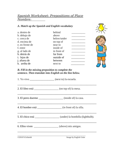 Spanish Prepositions of Place Worksheet: Preposiciones de lugar (dentro