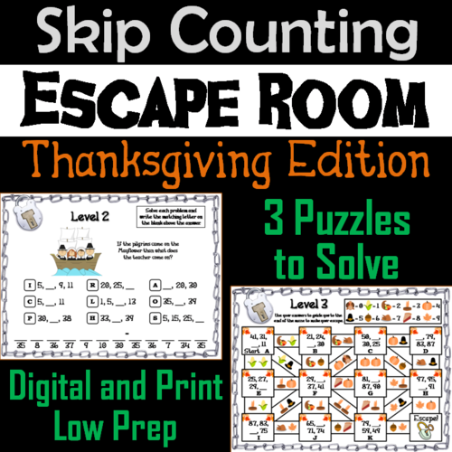 Skip Counting by 2, 3, 4, 5, 10 Activity: Thanksgiving Escape Room Math