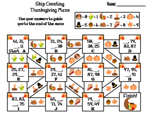 Skip Counting by 2, 3, 4, 5, 10 Activity: Thanksgiving Math Maze