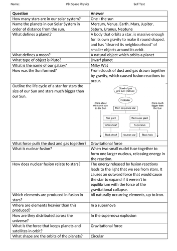 Space GCSE Revision Physics Unit 8 - Self Assessment Questions