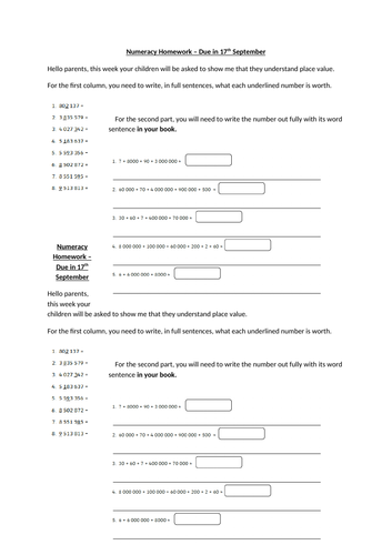 Range of Maths Homeworks - Starts on Place Value