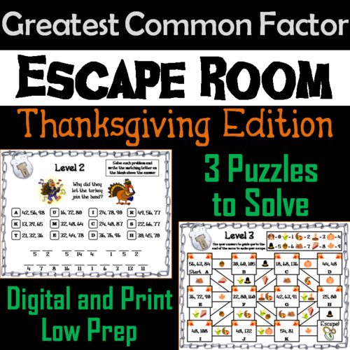 Thanksgiving Escape Room Math: Greatest Common Factor Game 4th 5th 6th 7th Grade
