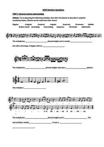 Eduqas GCSE Revision Exercises - musical elements, areas of study, set works