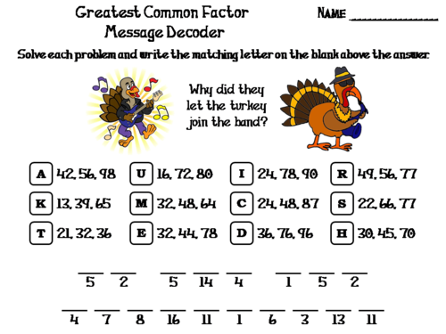 Greatest Common Factor Thanksgiving Math Activity: Message Decoder