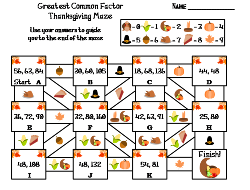 Greatest Common Factor Activity: Thanksgiving Math Maze