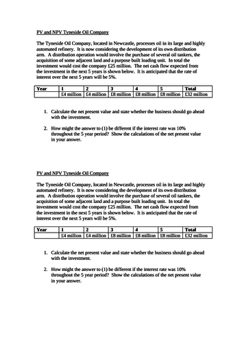 A Level Business. Present Value & Net Present Value (NPV) Investment Appraisal Activity