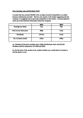 A Level Business Price earnings ratio & Dividend Yield Calculations.