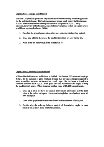 A Level & BTEC Business. Depreciation Calculation & Interpretation Activity