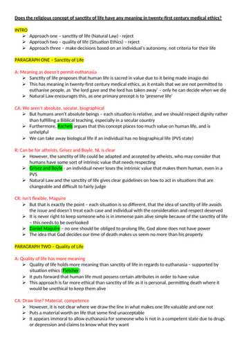 'Does the concept of sanctity of life have  meaning in 21st century medical ethics?' PLAN OCR R.S