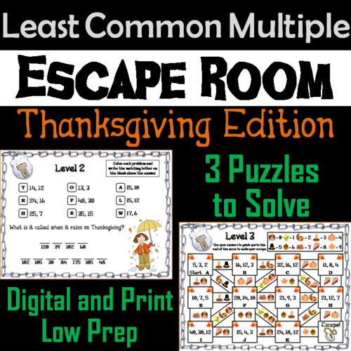 Thanksgiving Escape Room Math: Least Common Multiple Game 4th 5th 6th 7th Grade