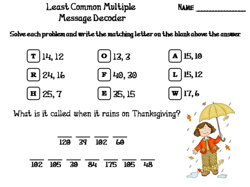 Least Common Multiple Thanksgiving Math Activity: Message Decoder