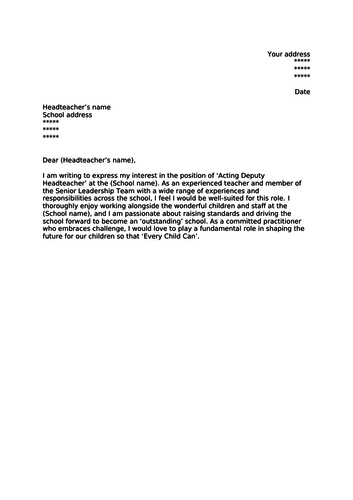 Deputy Headteacher Cover Letter for job application