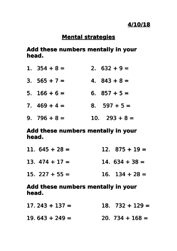 Adding numbers mentally bridging year 3 MASTERY