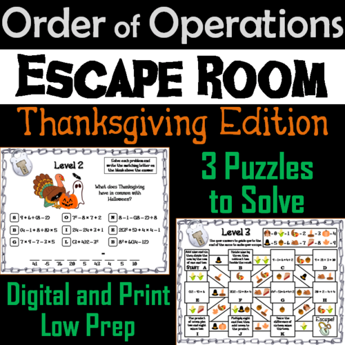 Thanksgiving Escape Room Math: Order of Operations Game (4th 5th 6th 7th Grade)