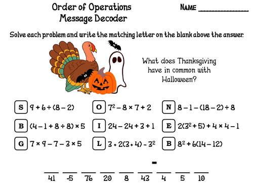 Order of Operations Thanksgiving Math Activity: Message Decoder