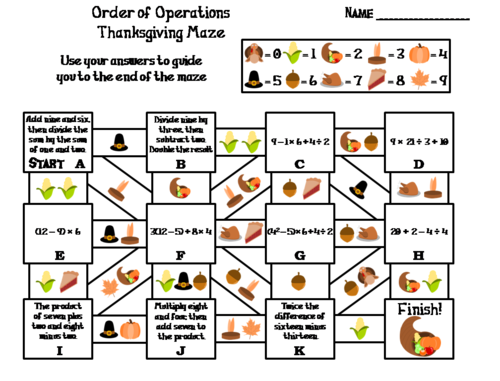 Order of Operations Activity: Thanksgiving Math Maze