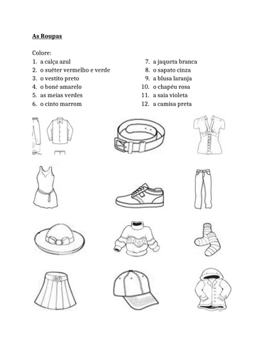 Roupa (Clothing in Portuguese) Colore Worksheet 1