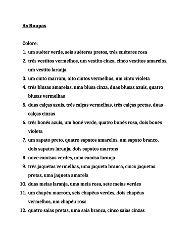 Roupa (Clothing in Portuguese) Colore Worksheet 2