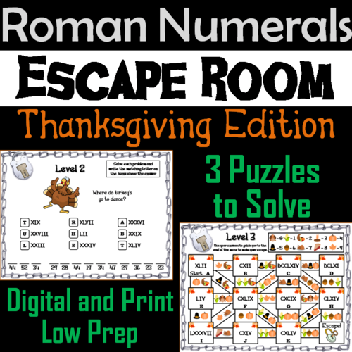 Thanksgiving Escape Room Math: Roman Numerals Game (4th 5th 6th 7th Grade)