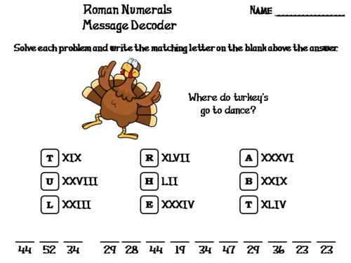 Roman Numerals Thanksgiving Math Activity: Message Decoder