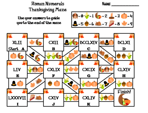 Roman Numerals Activity: Thanksgiving Math Maze