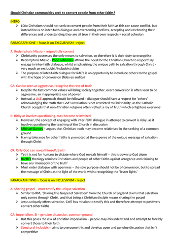 'Should Christian communities seek to convert people from other faiths?' Essay PLAN OCR R.S A Level