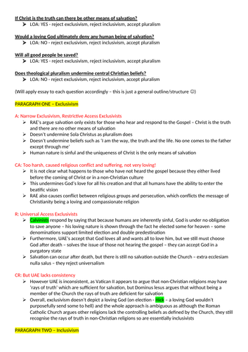 Essay Plans for Religious Pluralism and Theology - OCR Religious Studies A Level
