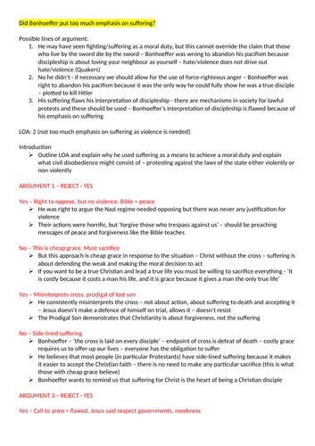 'Did Bonhoeffer place too much emphasis on suffering?' Essay PLAN OCR Religious Studies A Level