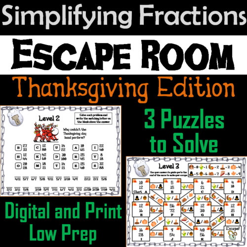 Thanksgiving Escape Room Math: Simplifying Fractions Game; 4th 5th 6th 7th Grade